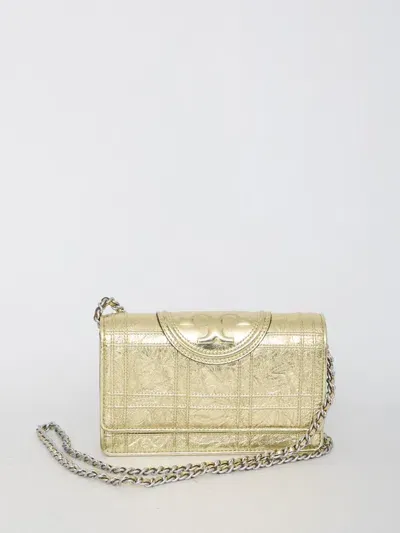 Tory Burch Fleming Soft Metallic Square Quilt Chain Wallet Bag In Gold