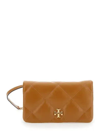 Tory Burch Kira Brown Chain Wallet With Double T Detail In Chevron Leather Woman