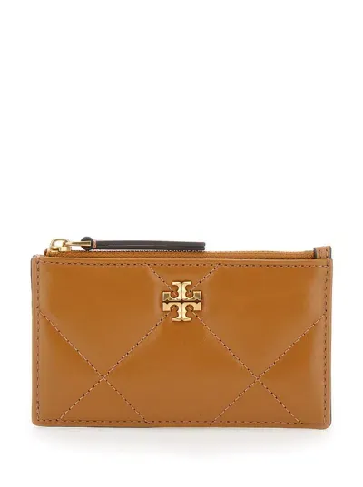 Tory Burch Brown Card-holder With Double T Detail In Chevron Leather Woman