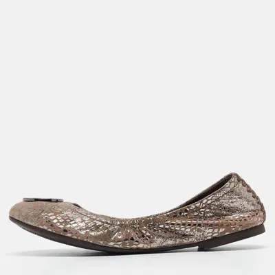 Pre-owned Tory Burch Metallic Brown Textured Suede Heidi Scrunch Ballet Flats Size 36