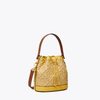 Tory Burch T Monogram Straw Bucket Bag In Gold