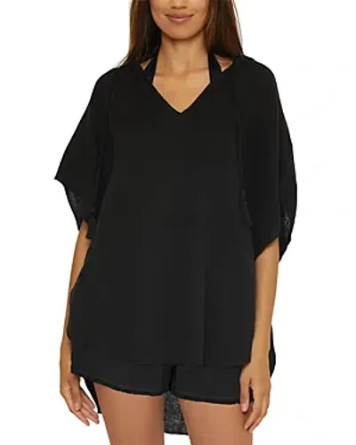 Trina Turk Serene Cotton Eyelash Trim Cover Up Poncho In Black