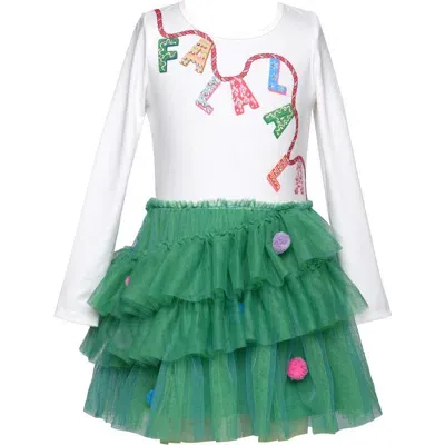 Truly Me Kids' Falala Long Sleeve Tiered Tutu Dress In Green/ivory Multi