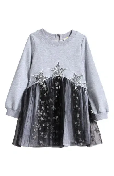 Truly Me Kids' Floating Star Long Sleeve Dress In Grey Black