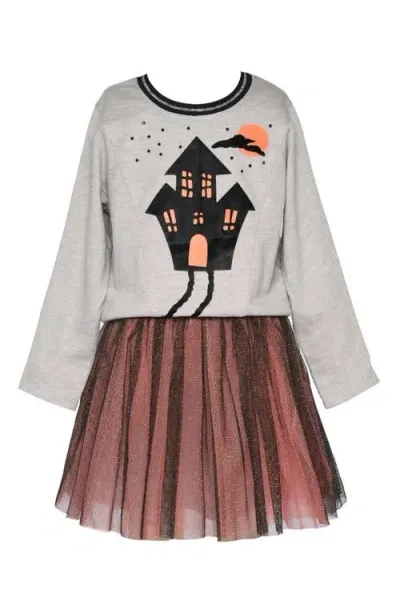 Truly Me Kids' Haunted House Long Sleeve Dress In Grey Multi