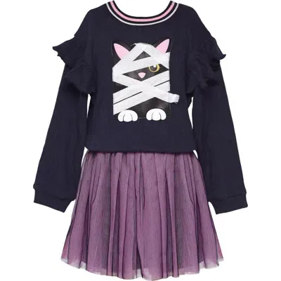 Truly Me Kids' Kitty Mummy Long Sleeve Dress In Navy Multi