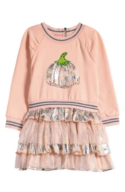 Truly Me Kids' Pumpkin Long Sleeve Tiered Graphic Dress In Blush Multi