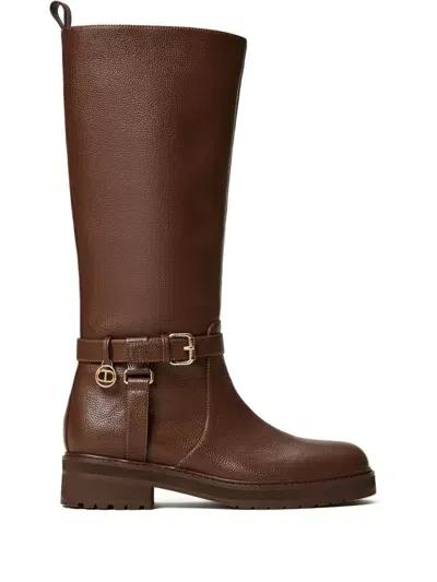 Twinset 40mm Oval T Leather Boots In Brown