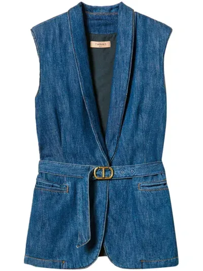 Twinset Belted Denim Waistcoat In Blue