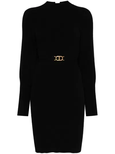 Twinset Belted Ribbed-knit Mini Dress In Black