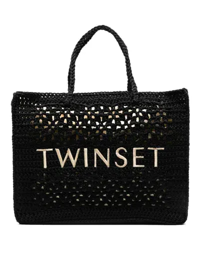 Twinset Logo-embroidered Crochet Tote Bag In Black  