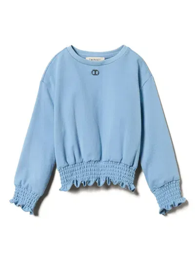 Twinset Kids' Crew Neck Smocked Detailing Sweatshirt In Blue