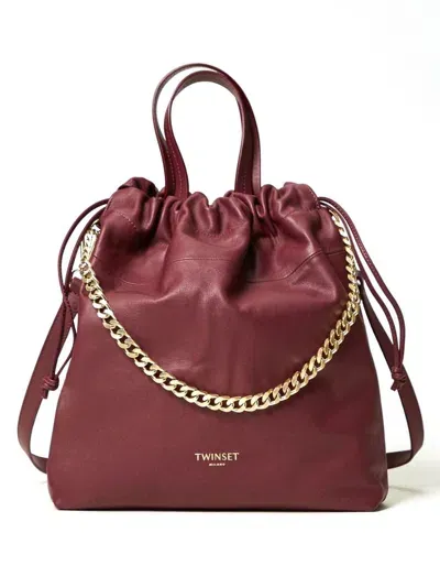 Twinset Drawstring Leather Tote Bag In Burgundy