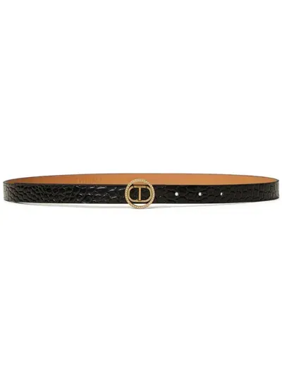 Twinset Embossed Crocodile Leather Belt In Black