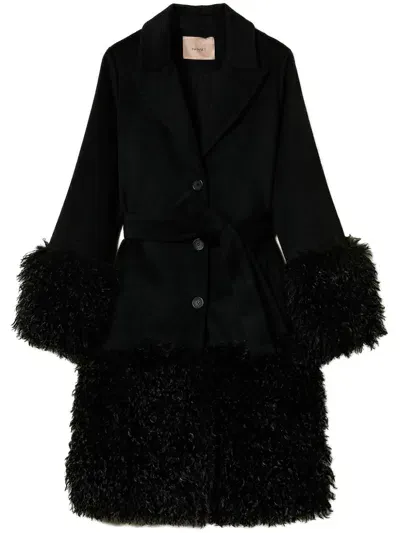 Twinset Faux Fur Trim Belted Coat In Black