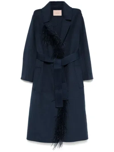 Twinset Feather-trim Belted Coat In Blue