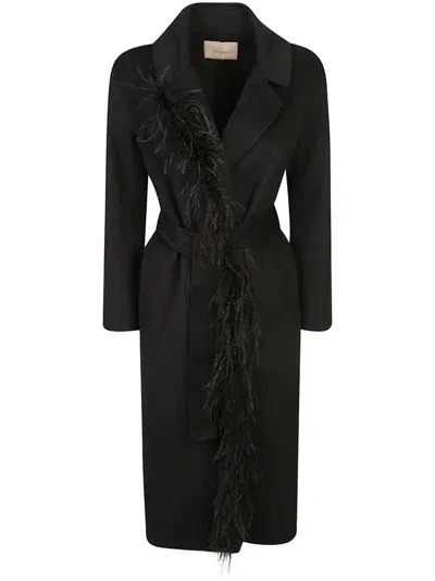 Twinset Feather-trim Coat In Black