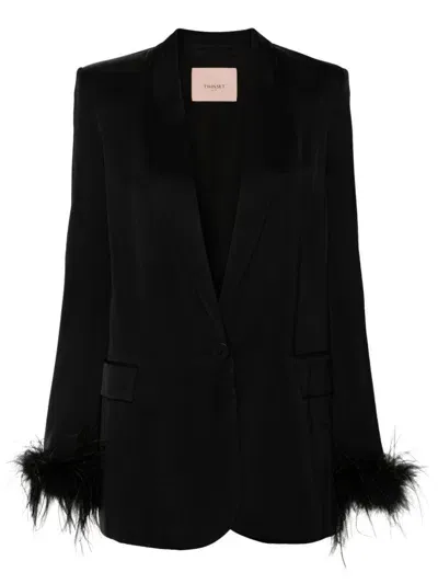 Twinset Feather-trim Satin Blazer In Black