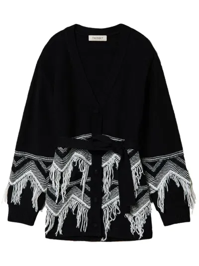 Twinset Kids' Fringed Belted Cardigan In Black