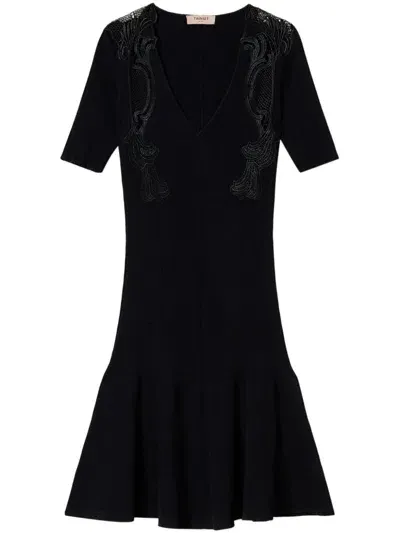 Twinset Lace-detail Rib-knit Minidress In Black