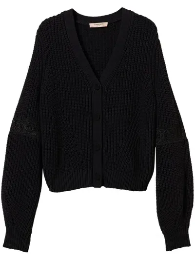 Twinset Lace-panel Knitted Cardigan In Black