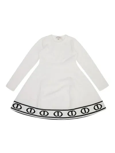 Twinset Kids' Oval T Jacquard Logo Border Dress In White