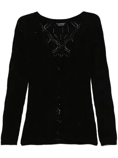 Twinset Pointelle-knit Cardigan In Black