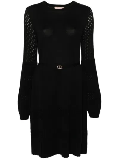 Twinset Pointelle-knit Dress In Black