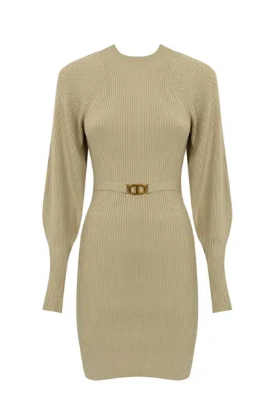 Twinset Ribbed Dress With Belt In Gold