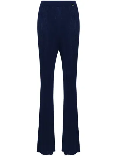 Twinset Ribbed-knit Flared Trousers In Blue