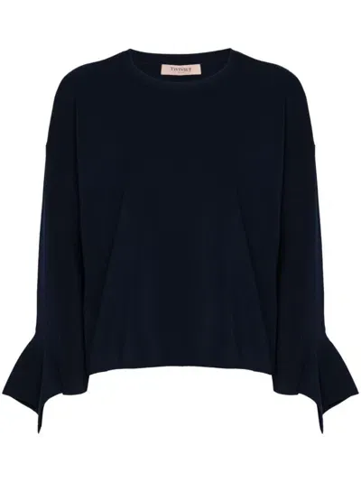 Twinset Ruffled Crew-neck Sweater In Blue