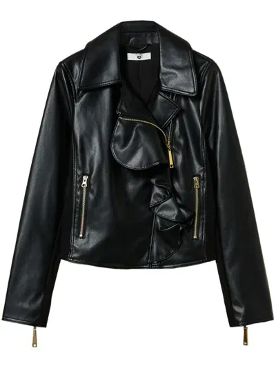 Twinset Ruffled Faux-leather Biker Jacket In Black