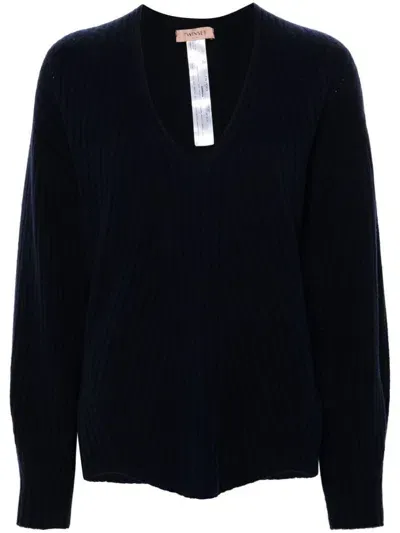 Twinset V-neck Ribbed-knit Jumper In Blue