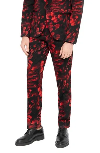 Twisted Tailor Heron Skinny Fit Red Floral Stretch Cotton Trousers