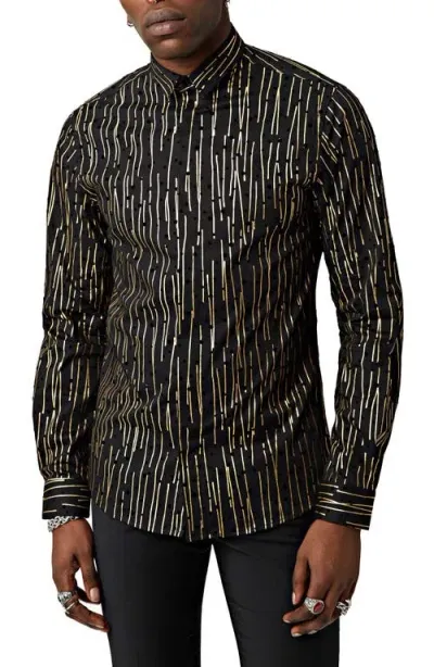 Twisted Tailor Sagrada Metallic Foil Flocked Dot Slim Fit Cotton Button-up Shirt In Black Gold