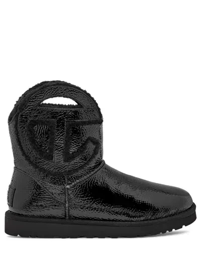 Ugg Logo Mini Crinkle Low Heels Ankle Boots In Black Leather