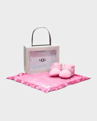 Ugg Kids' Girl's Bixbee Booties & Lovey Baby Blanket Set In Pink