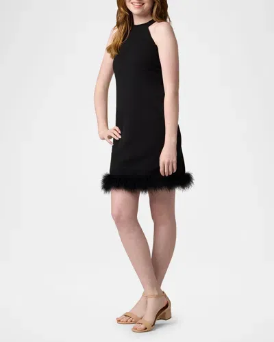 Un Deux Trois Kids' Girl's Halter Faux Feather Trim Dress In Black