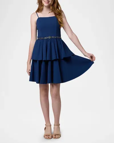 Un Deux Trois Kids' Girl's Tiered Dress W/ Embellished Belt In Blue