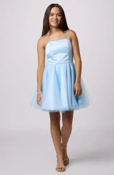 Un Deux Trois Kids' Satin & Tulle Fit & Flare Dress In Light Blue