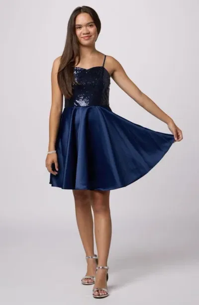 Un Deux Trois Kids' Sequin & Satin Fit & Flare Dress In Navy