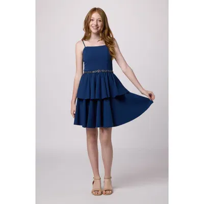 Un Deux Trois Kids' Tiered Embellished Crepe Dress In Navy