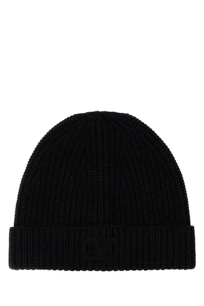 Valentino Garavani Black Wool Beanie Hat In Blue