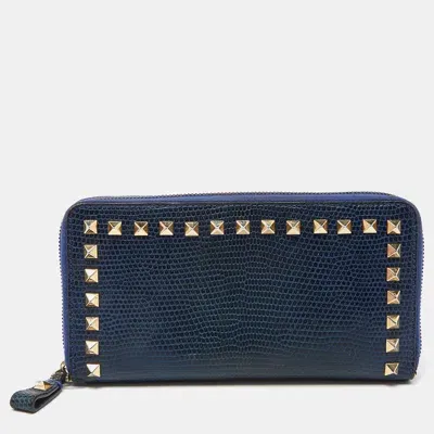 Pre-owned Valentino Garavani Blue Lizard Rockstud Zip Around Wallet