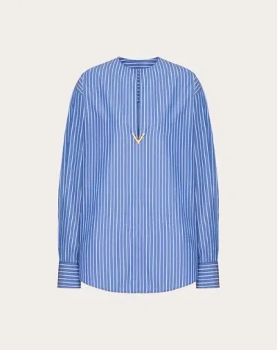 Valentino Logo-plaque Striped Cotton Shirt In Blue