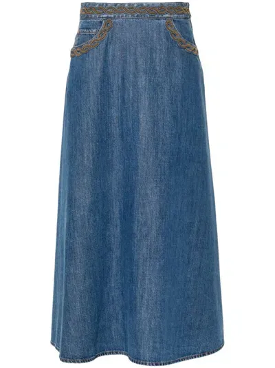 Valentino Denim Midi Skirt In Blue