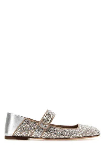 Valentino Garavani Embellished Suede Vlogo Locker Ballerinas In Silver