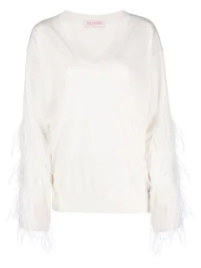 Valentino Feather-detail Wool Jumper In Neutrals