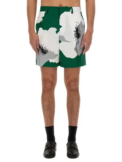 Valentino Flower Portrait Print Bermuda Shorts In Green