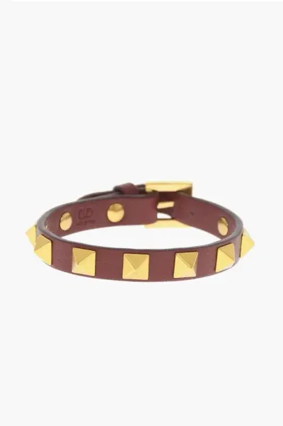 Valentino Garavani Garavani Leather Bracelet With Golden Studs In Brown